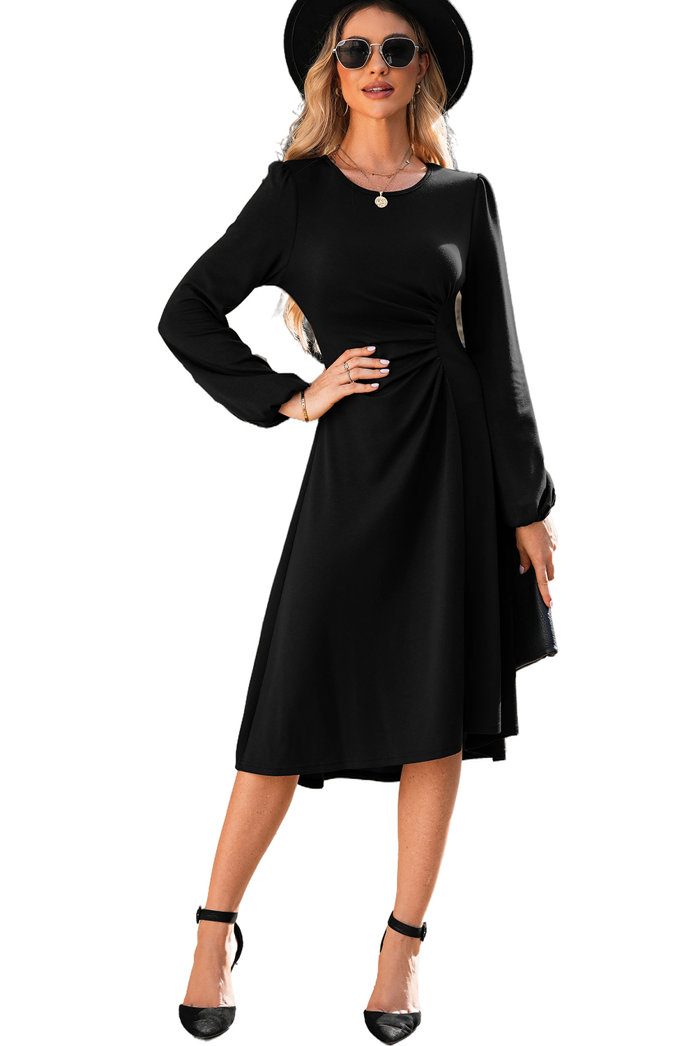 Black Midi Dress, Long Sleeve Dress, Ruched Detail, Elegant Style, Solid Color, Women's Dress, Fit and Flare Silhouette, Asymmetric Design, Casual Daily Wear, Round Neck, High Waist Dress, Versatile Fashion - Detail View 16