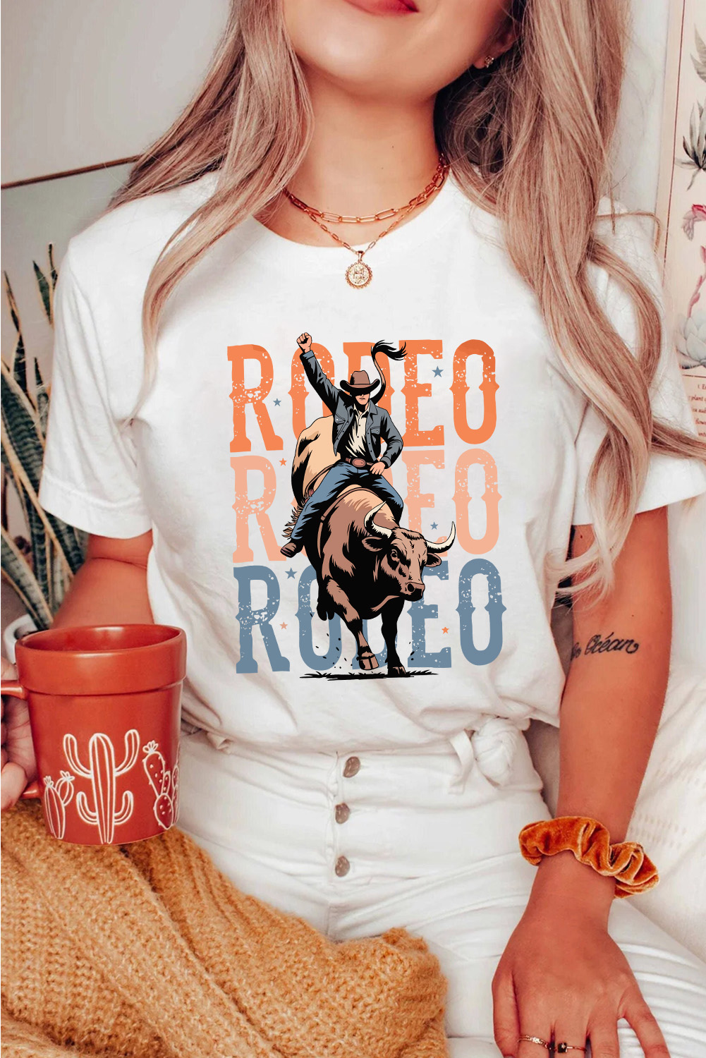 Stylish White Western Graphic T-Shirt with RODEO Print for Women - Detail View 2