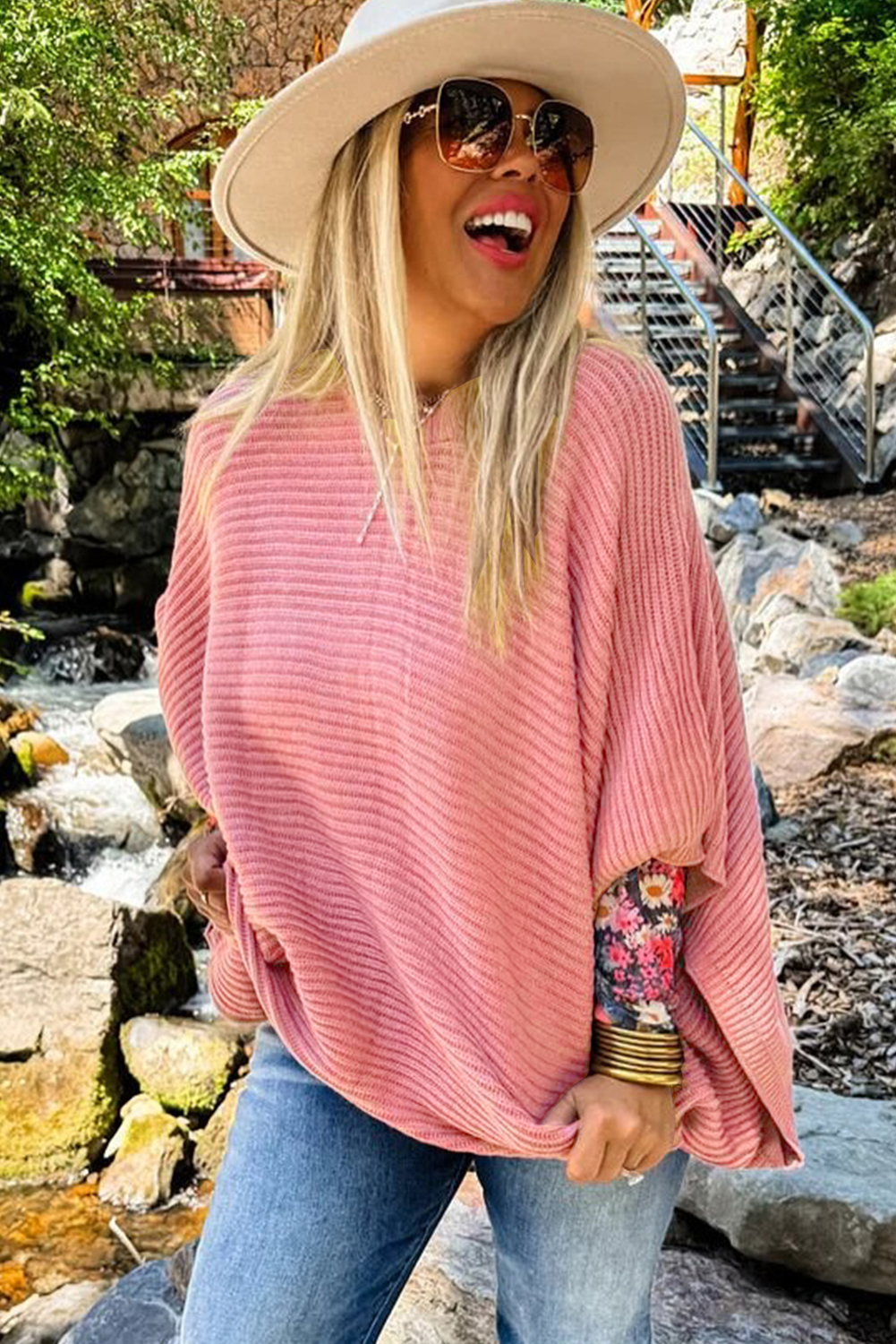Plus Size Light Pink Ribbed Knit Half Sleeve Poncho Style Sweater for Women - Detail View 5