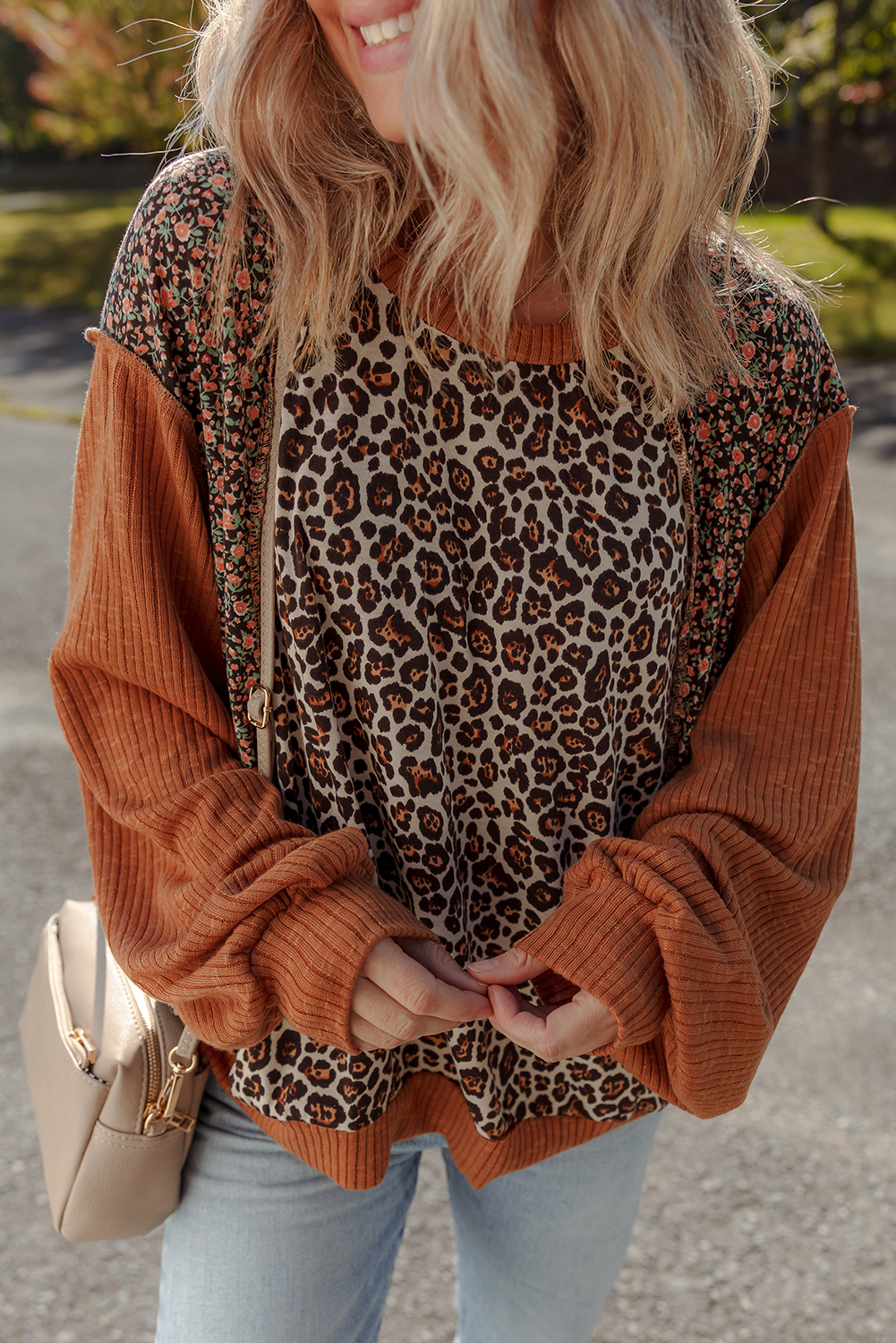 Stylish Long Sleeve Brown Pullover with Leopard and Floral Print - Perfect for Fall - Detail View 6