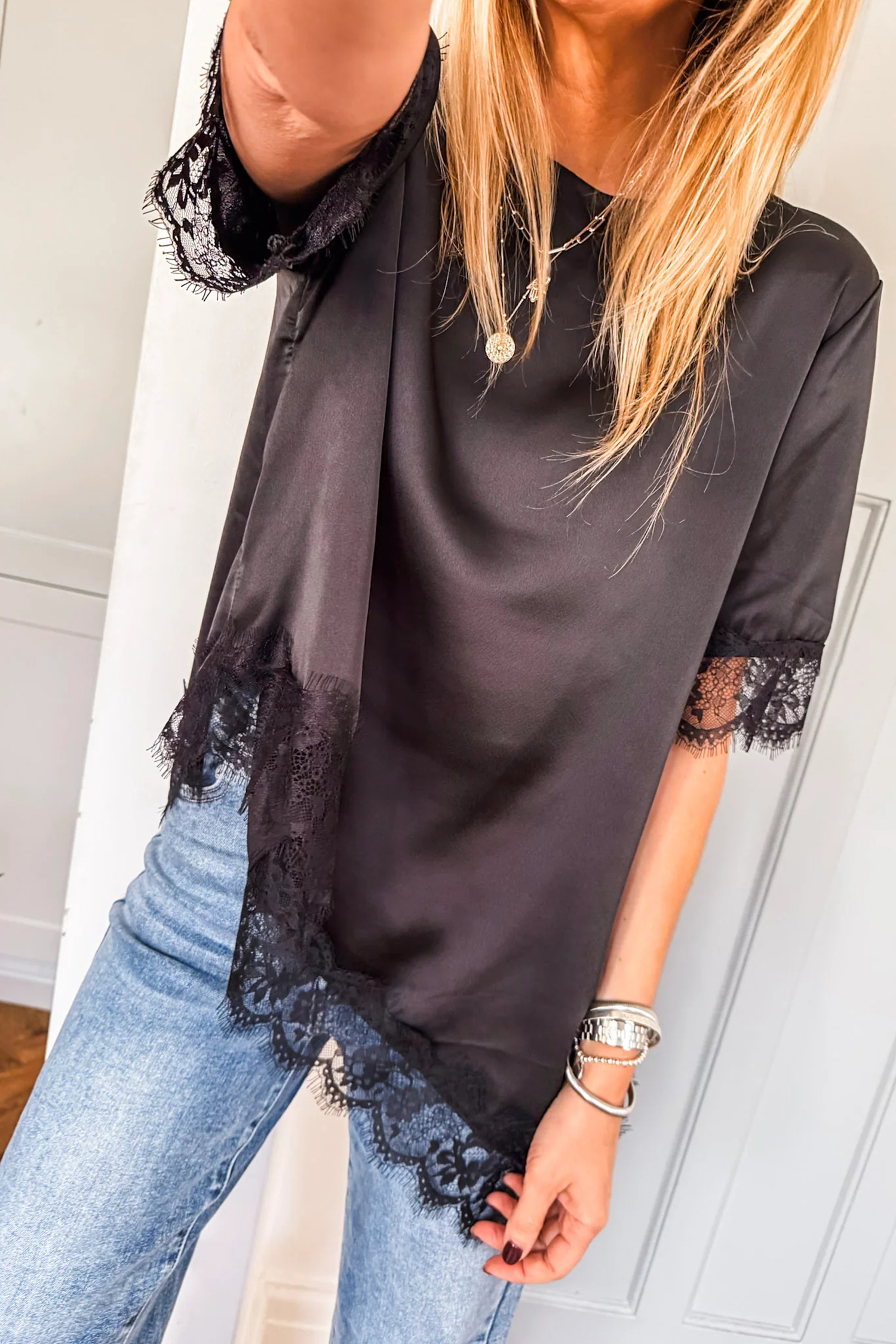 Chic Black Satin Top for Women with Asymmetric Lace Trim – Perfect for Daily Wear - Detail View 2