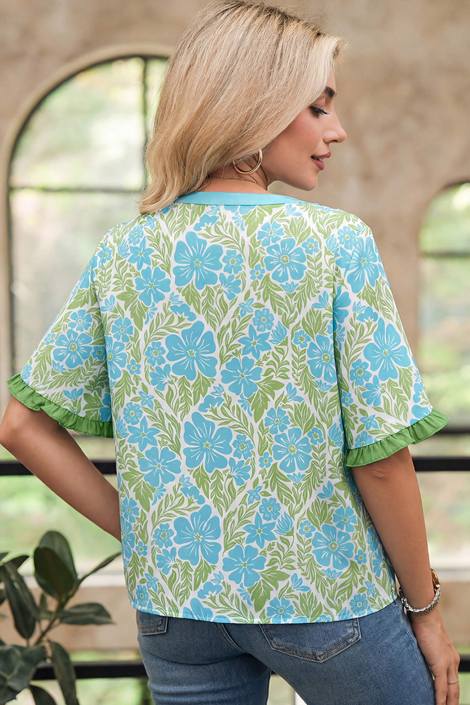 Women's 100% Viscose Floral Blouse – Sky Blue Color Block Trim Top for Daily Casual Wear - Detail View 3