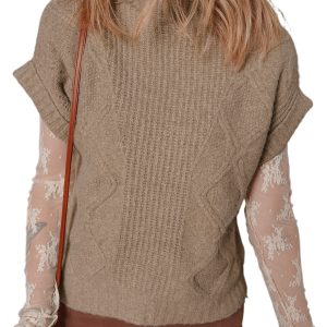 Women's Smoke Gray Textured Knit High Neck Sweater T-Shirt for Fall - Main View