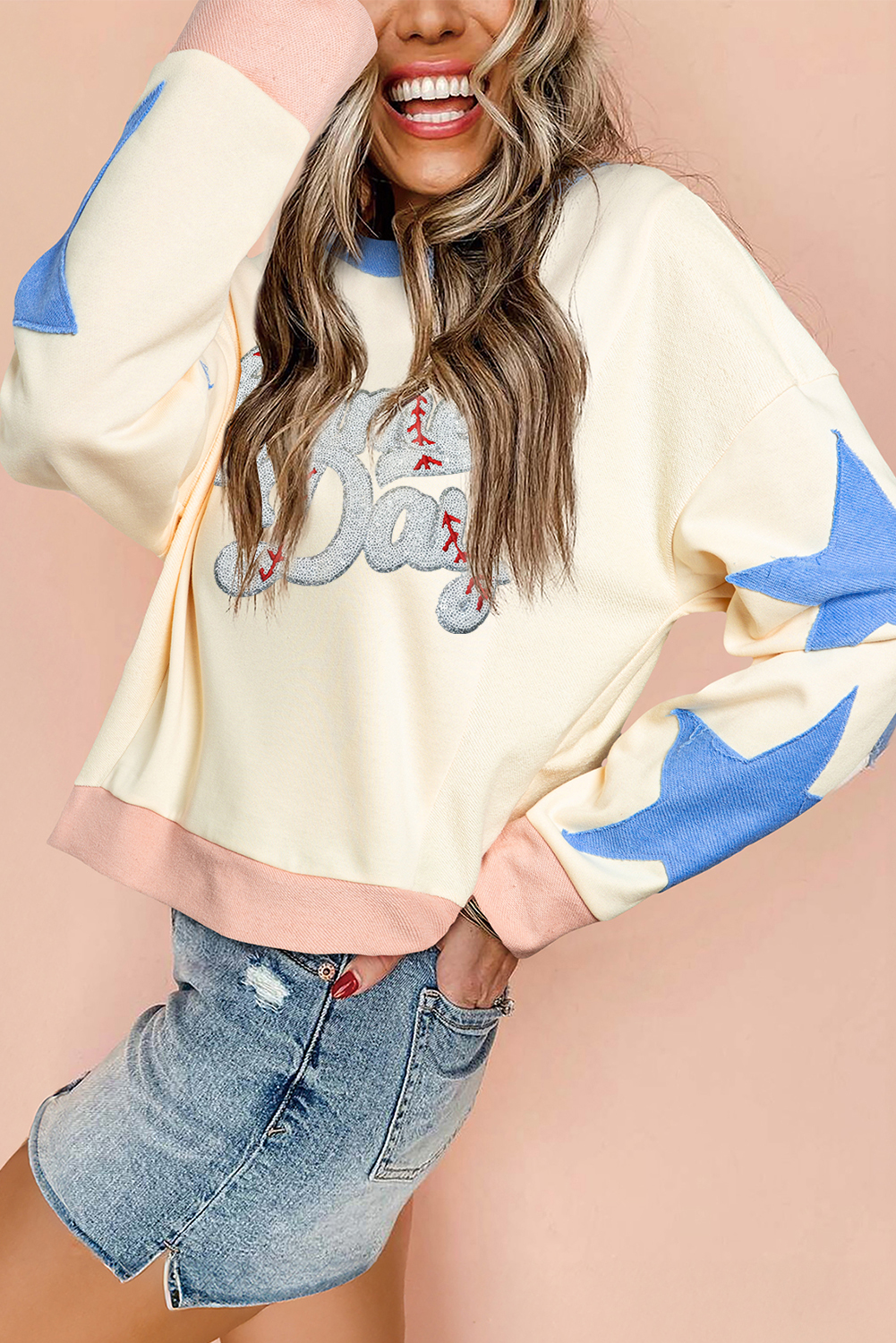 Casual Long Sleeve Beige Sweatshirt with Sequin and Star Details for Game Day - Detail View 6