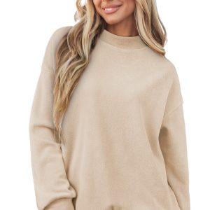 Women's Apricot Oversize Drop Shoulder Reversible Mock Neck Sweatshirt – Casual Fall Essential