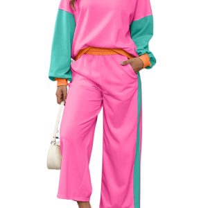 Women's Rose Red 2-Piece Color Block Pullover and Loose Pant Set - Main View