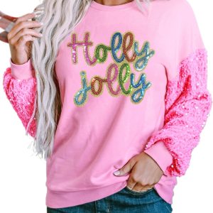 Women's Pink Holly Jolly Sequin Letter Graphic Long Sleeve Top – Festive and Fun for Holiday Gatherings - Main View