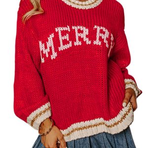 Fiery Red Color Block Cozy Sweater for Women – Perfect for Christmas & Autumn Days - Main View