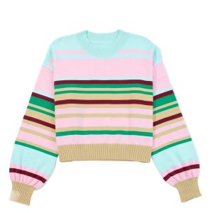 Women's Multicolour Striped Cropped Sweater – Boxy Fit Long Sleeve for Daily Wear