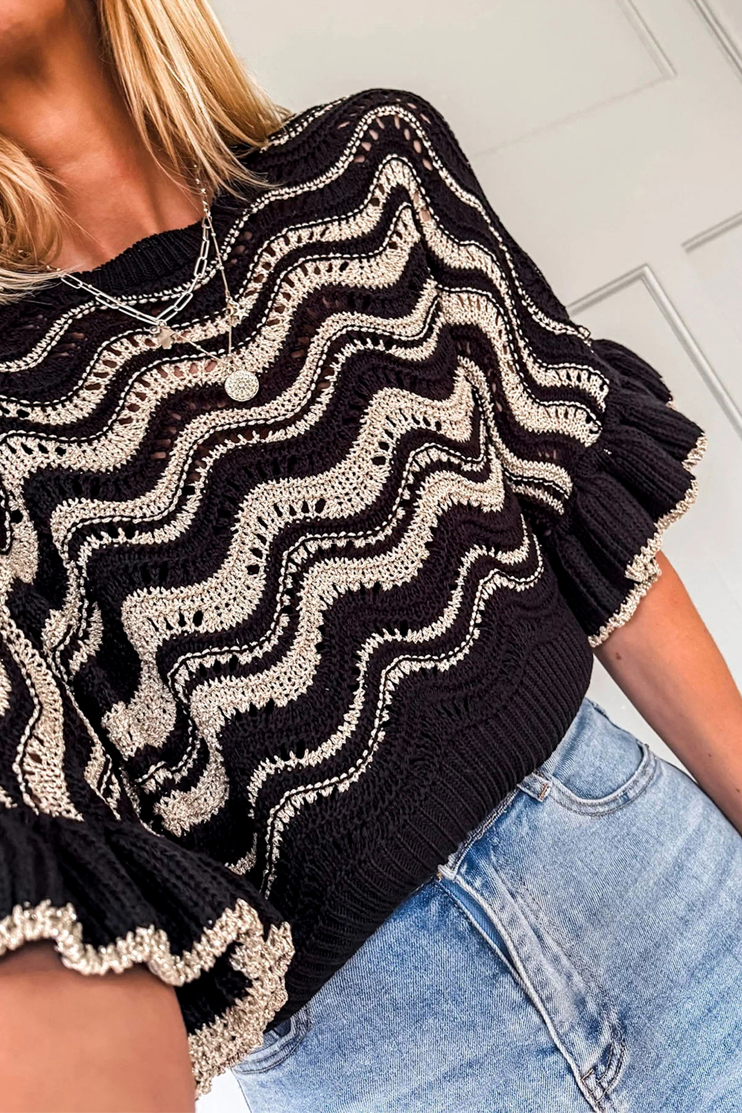 Women's Summer Crochet Eyelet Sweater – Black Stripe Ruffle Sleeve Knit Top, Lightweight Shift Fit - Detail View 3