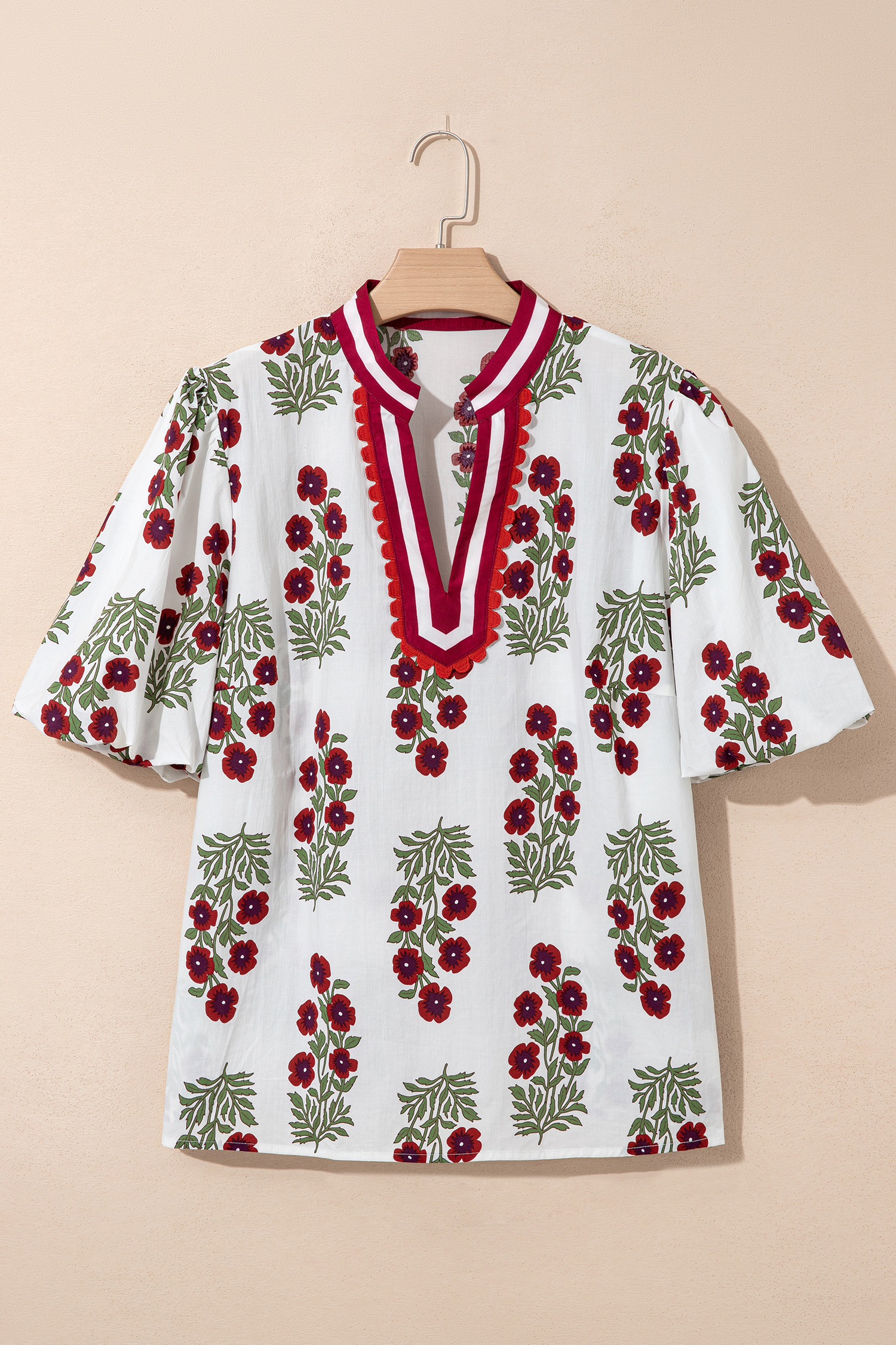 Women's White Shift Blouse with Floral Pattern – Colorblock V-Neck Top, Breathable Cotton Summer Wear - Detail View 3