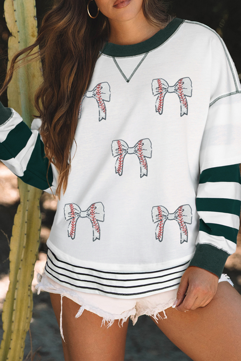 Casual Long Sleeve Graphic Sweatshirt - Striped Design & Bowknot Details - Detail View 2