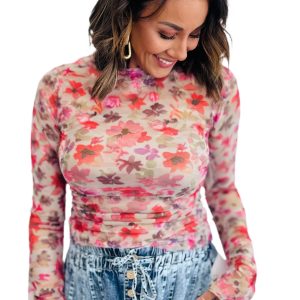 Elegant Red Floral Print Long Sleeve Slim Fit Mesh Top for Women - Main View