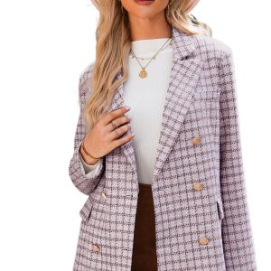 Women's Burgundy Plaid Blazer – Elegant Oversized Long Sleeve Jacket for Fall & Autumn
