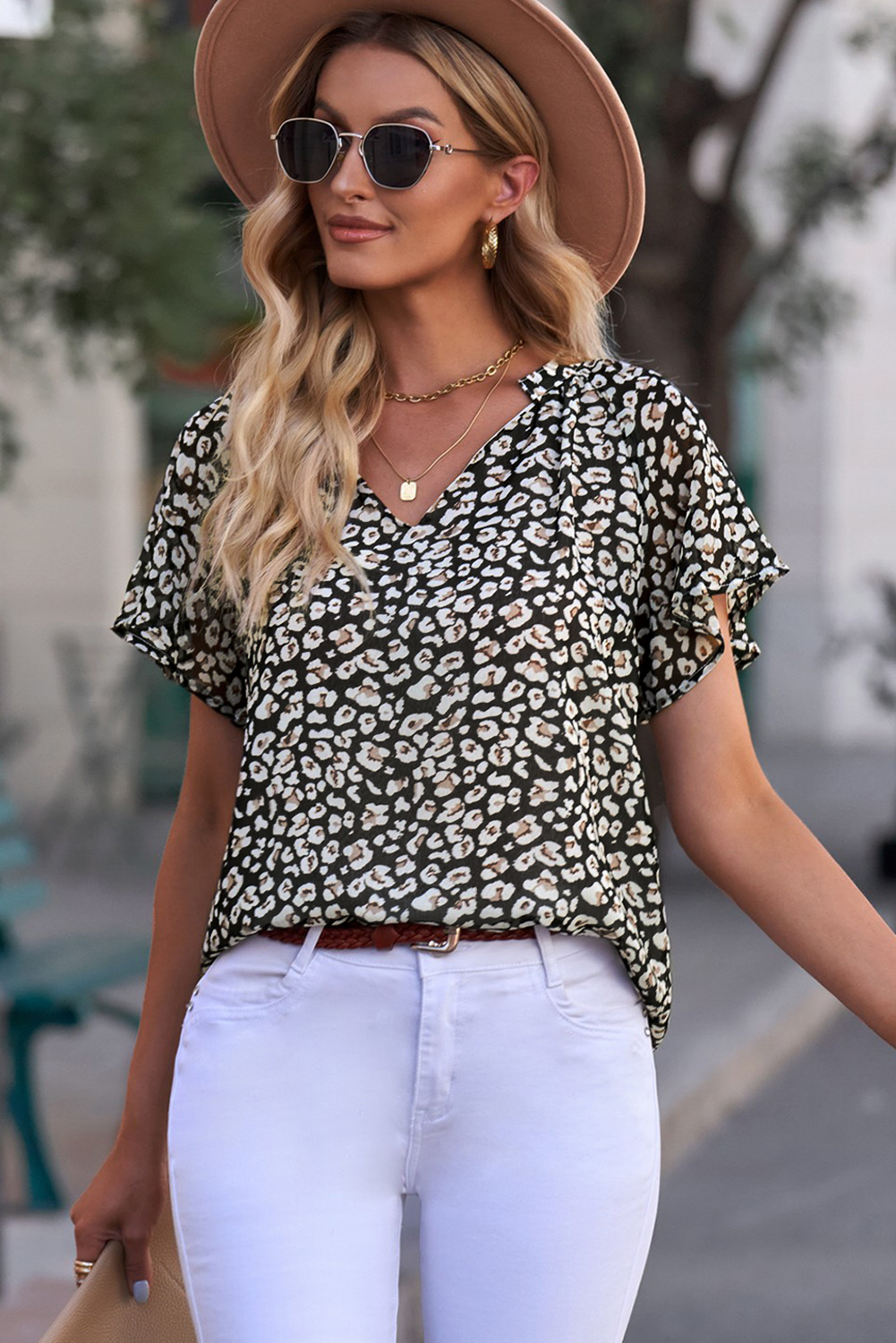 Chic Black Floral Blouse with Ruffle Flutter Sleeves for Everyday Wear - Detail View 10