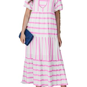 Women's Pink Stripe Vacation Dress – V-Neck Half Sleeve A-Line Shift Dress for Summer - Main View