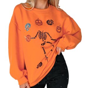 Carrot Orange Dancing Critters Sequin Halloween Crewneck Sweatshirt for Women - Main View