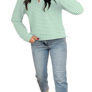 Women's Green Stripe Quarter Zip Collar Pullover Long Sleeve Top - Main View