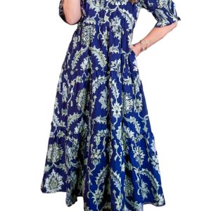 Women's Blue Floral Print Frilled Collar Dress – Bohemian Style for Summer Vacations
