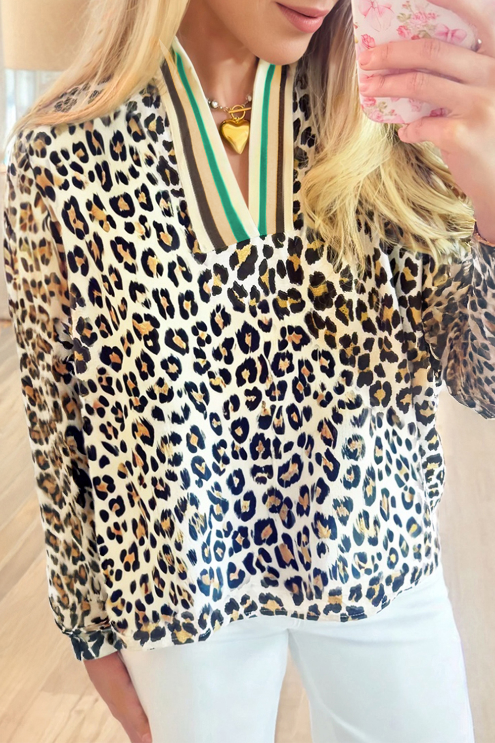 Stylish Khaki V Neck Blouse with Leopard Print and Colorblock Stripes for Daily Wear - Detail View 2