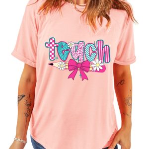 Women's Pink Preppy Retro Checkered Graphic T-Shirt for Teachers - Main View