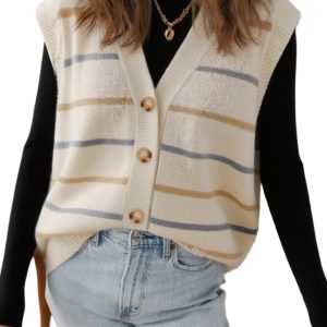 Women's Multicolour Striped V-Neck Sweater Vest for Daily Casual Wear