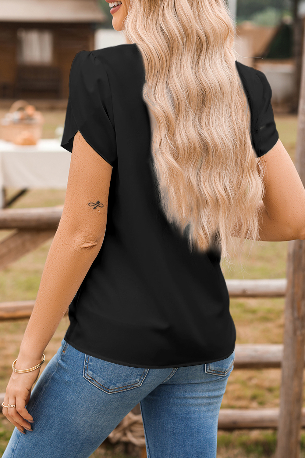 Elegant Black Casual Blouse with Short Petal Sleeves - Perfect for Daily Wear - Detail View 2