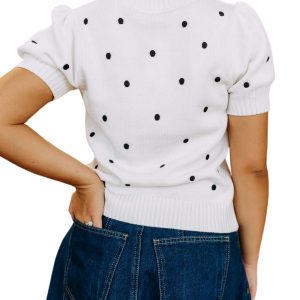 Women's White Polka Dot Short Sleeve Bubble Sweater – Chic Casual Summer Style