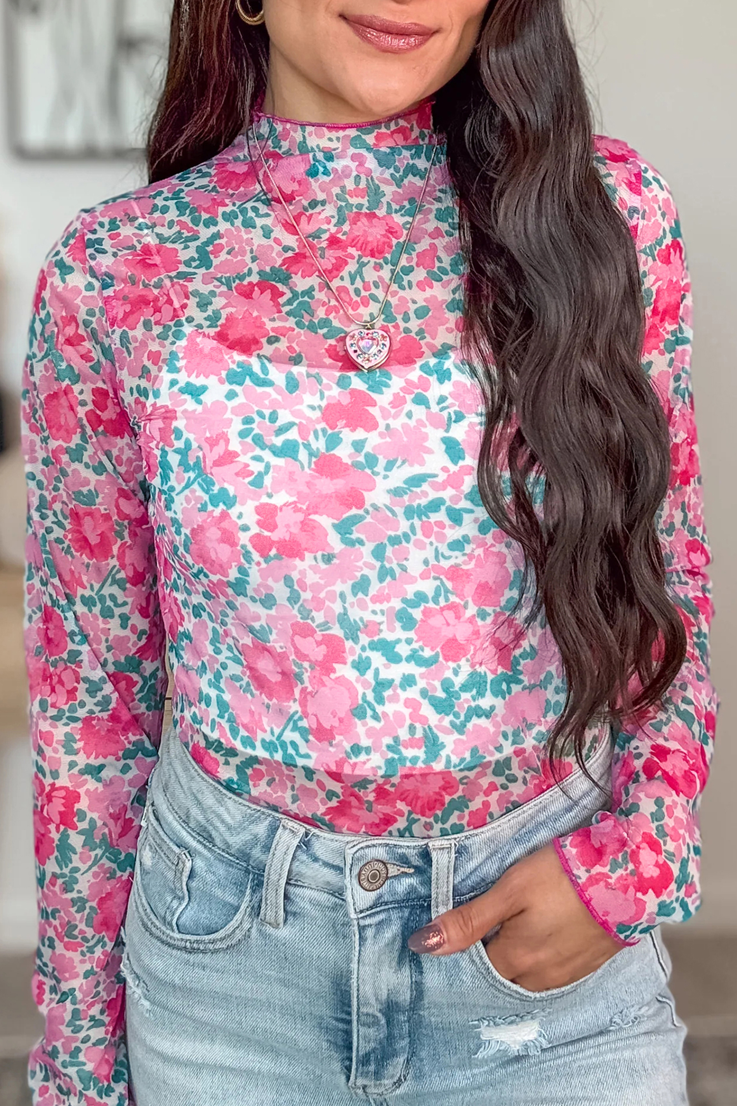 Casual Pink Slim Fit Floral Mesh Top with Mock Neck – Ideal for Spring Outings - Detail View 2