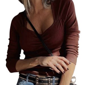 Women's Burgundy Gathered Bust Square Neck Ribbed Long Sleeve Top for Casual Wear - Main View