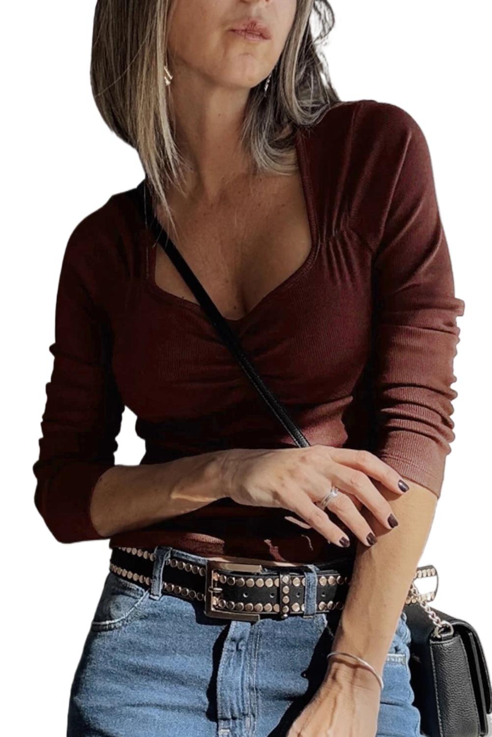 Women's Burgundy Gathered Bust Square Neck Ribbed Long Sleeve Top for Casual Wear - Main View
