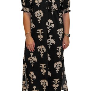 Women's Black Floral Print Maxi Dress – Short Puff Sleeves for Casual Summer Elegance