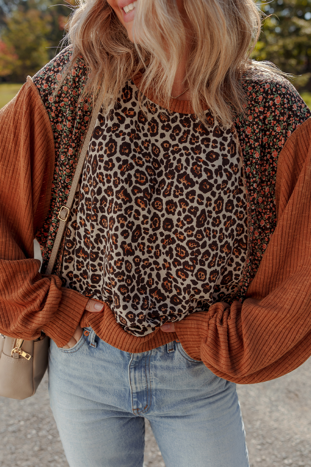 Casual Western Style Brown Pullover with Colorblock and Puff Sleeves - Daily Wear - Detail View 3