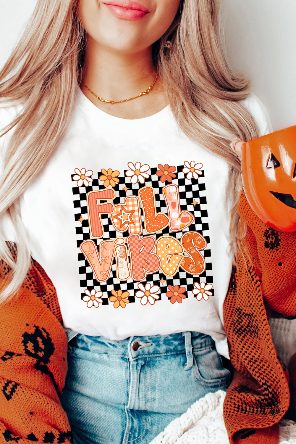 Casual Round Neck Graphic T-Shirt with Heat Transfer Print - Fall Vibes - Detail View 6