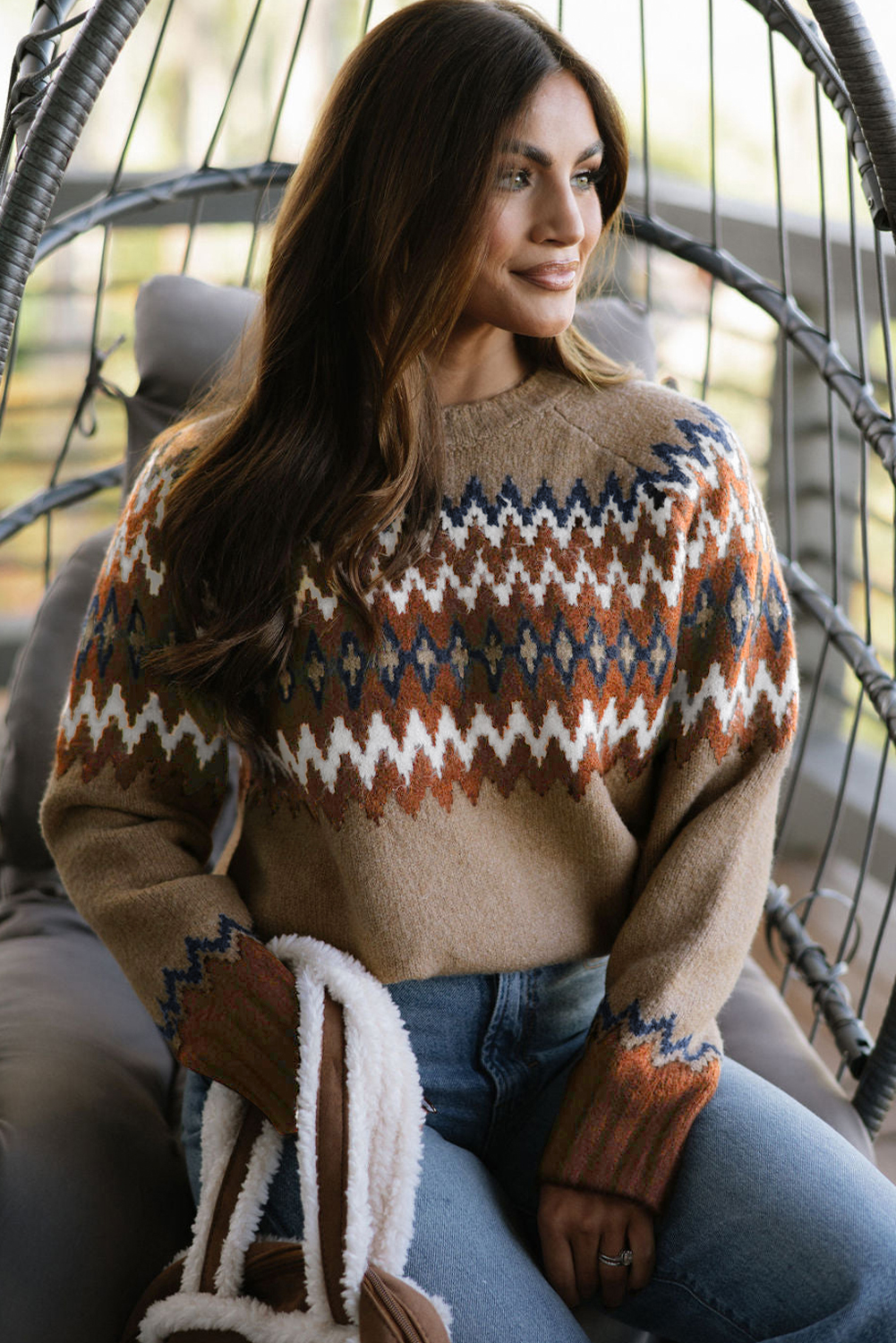 Women's Khaki Aztec Print Colorblock Crew Neck Sweater - Casual Fall Fashion - Detail View 5