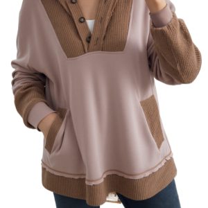 Women's Goat Oversize Waffle Knit Hoodie – Casual Patchwork Exposed Seam for Daily Comfort