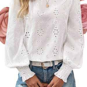 Women's White Eyelet Embroidered Sheer Blouse with Smocked Cuffs - Main View