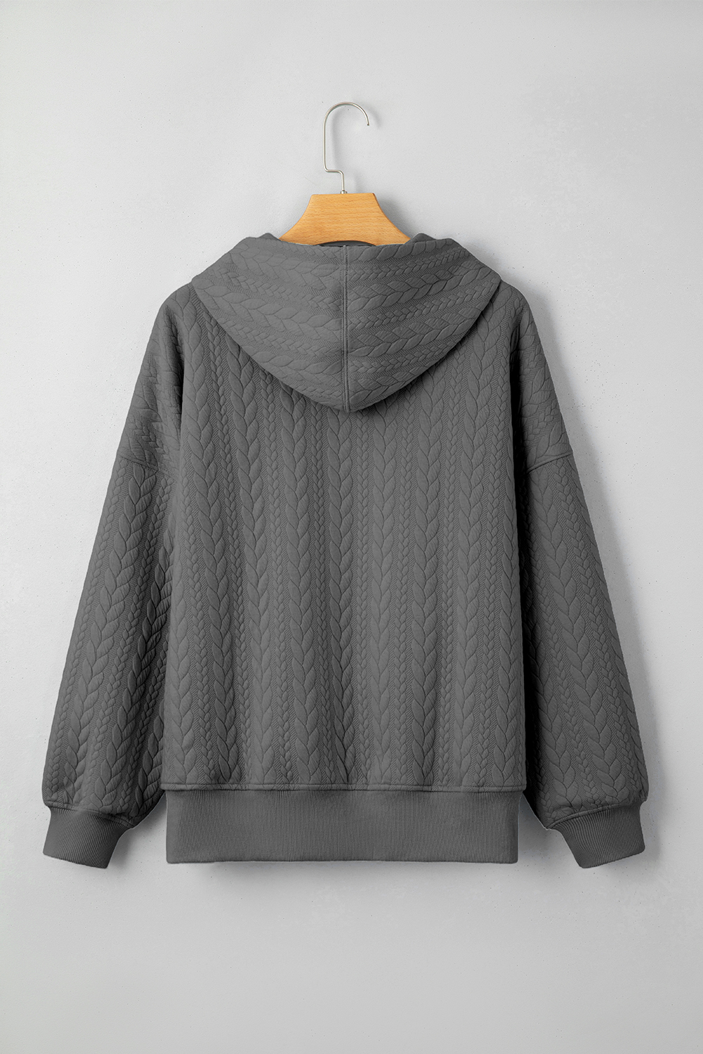 Women's Gray Cable Textured Baggy Solid Hoodie - Casual Long Sleeve Pullover - Detail View 9