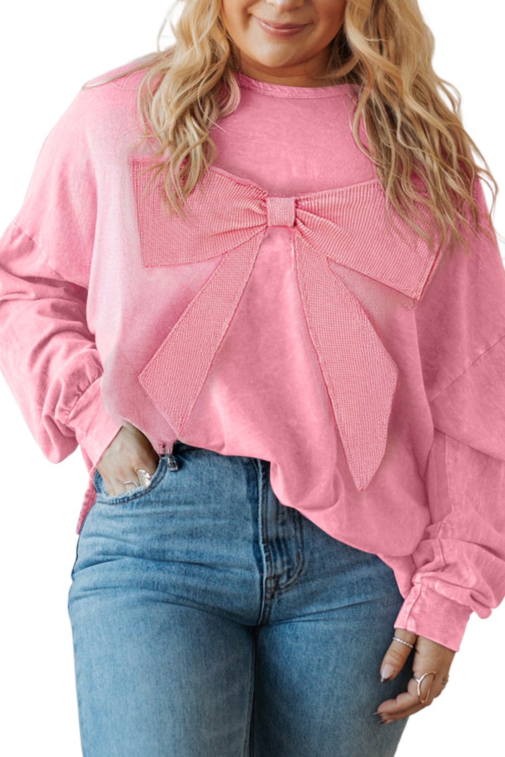 Women's Plus Size Bonbon Pink Waffle Knit Sweatshirt with Bowknot Detail - Detail View 2