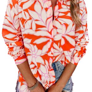 Women's Orange Botanical Print Button Up Shirt with Single Chest Pocket - Main View