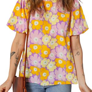 Women's Purple Frilled Neck Puff Short Sleeve Floral Top – Casual Summer Style