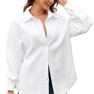 Women's White Cable Texture Puff Sleeve Loose Shacket for Casual Fall Wear - Main View