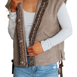 Women's Khaki Sherpa Fleece Vest with Side Bows – Casual Daily Layering