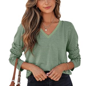 Women's Green Stripe V Neck Long Sleeve Stretchy Top for Casual Wear - Main View