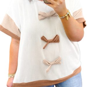 Women's Apricot Bowknot Applique Ribbed Top – Casual Summer Style for Daily Wear