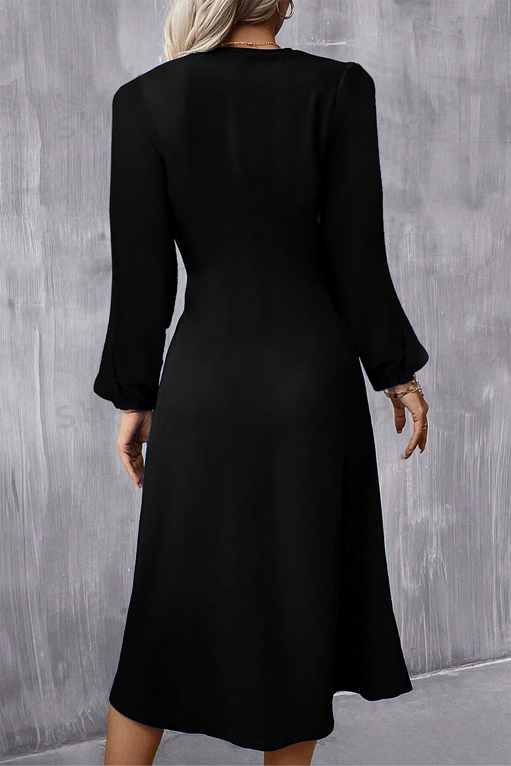 Chic Asymmetric Fit and Flare Midi Dress - Long Sleeve with Round Neck - Detail View 2