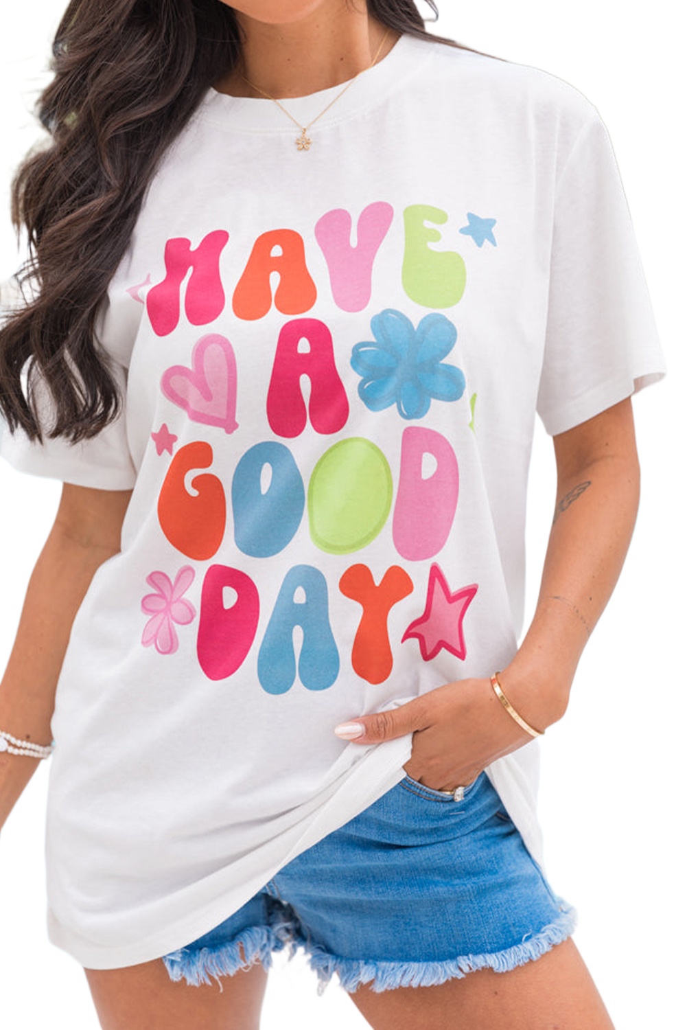 Women's White 'HAVE A GOOD DAY' Print Graphic Casual Tee - Main View