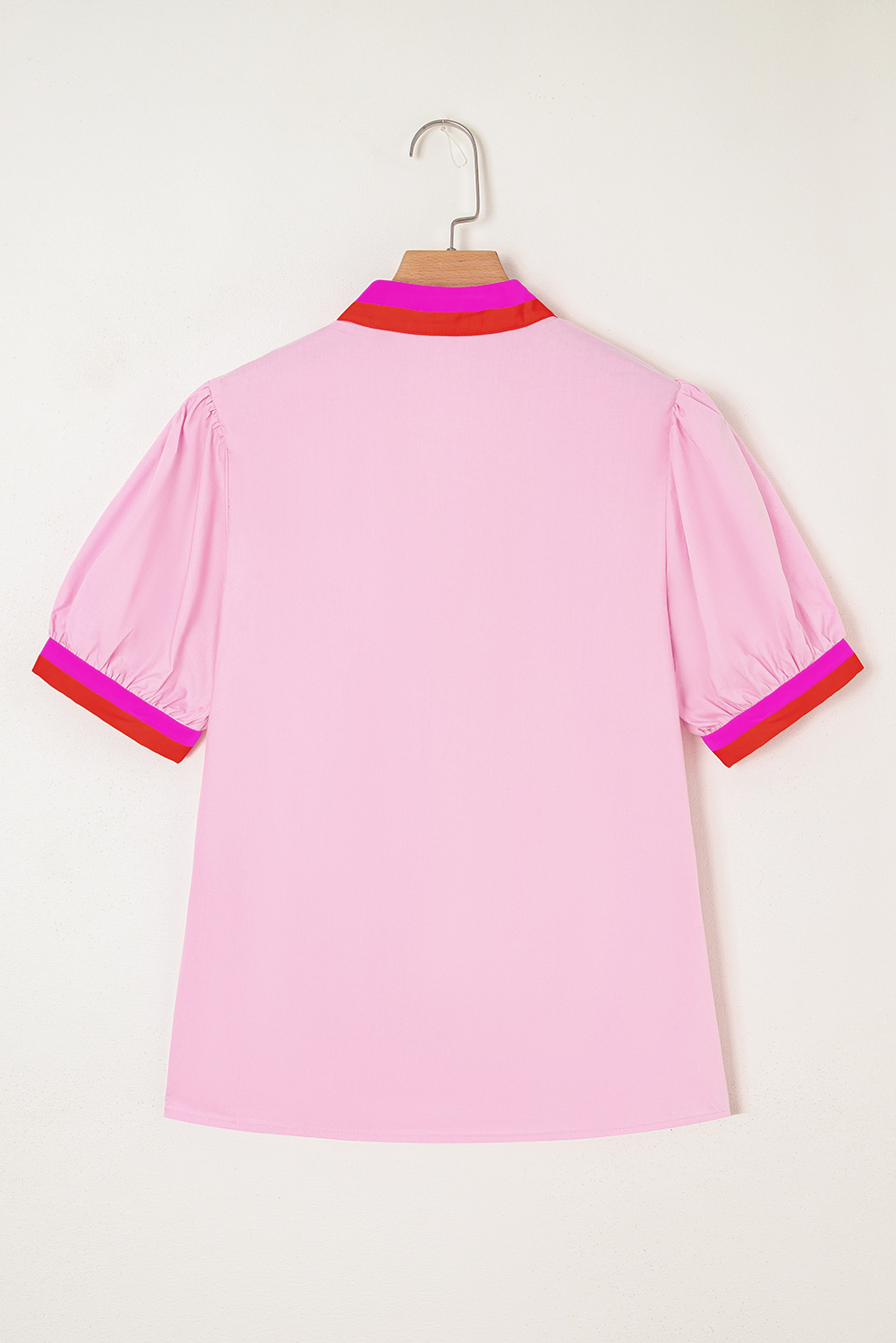 Women's Pink Contrast Striped V Neck Blouse with Short Puff Sleeves - Detail View 5