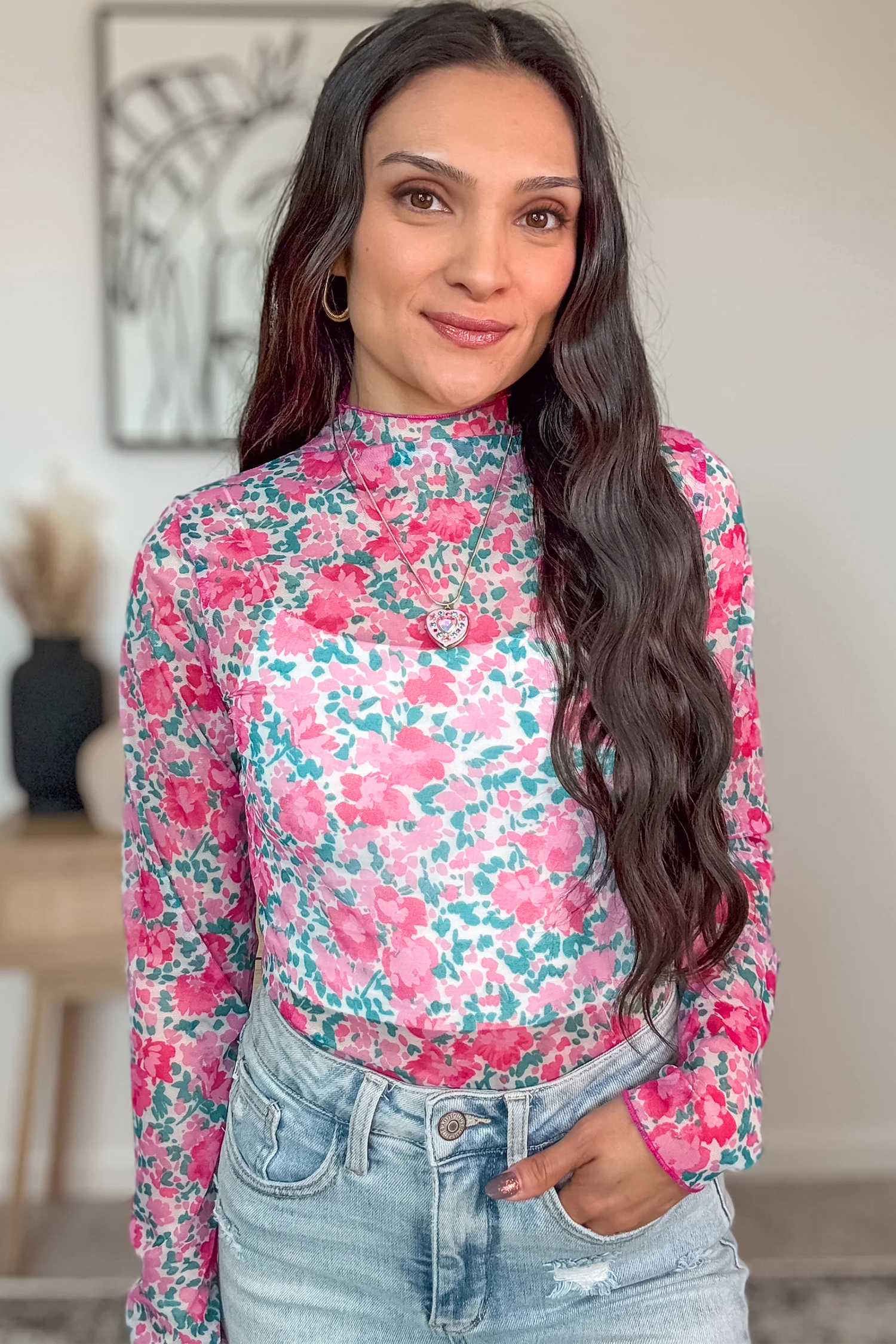 Floral Mesh Long Sleeve Mock Neck Top for Women – Stylish Pink Sheath for Daily Wear - Detail View 6
