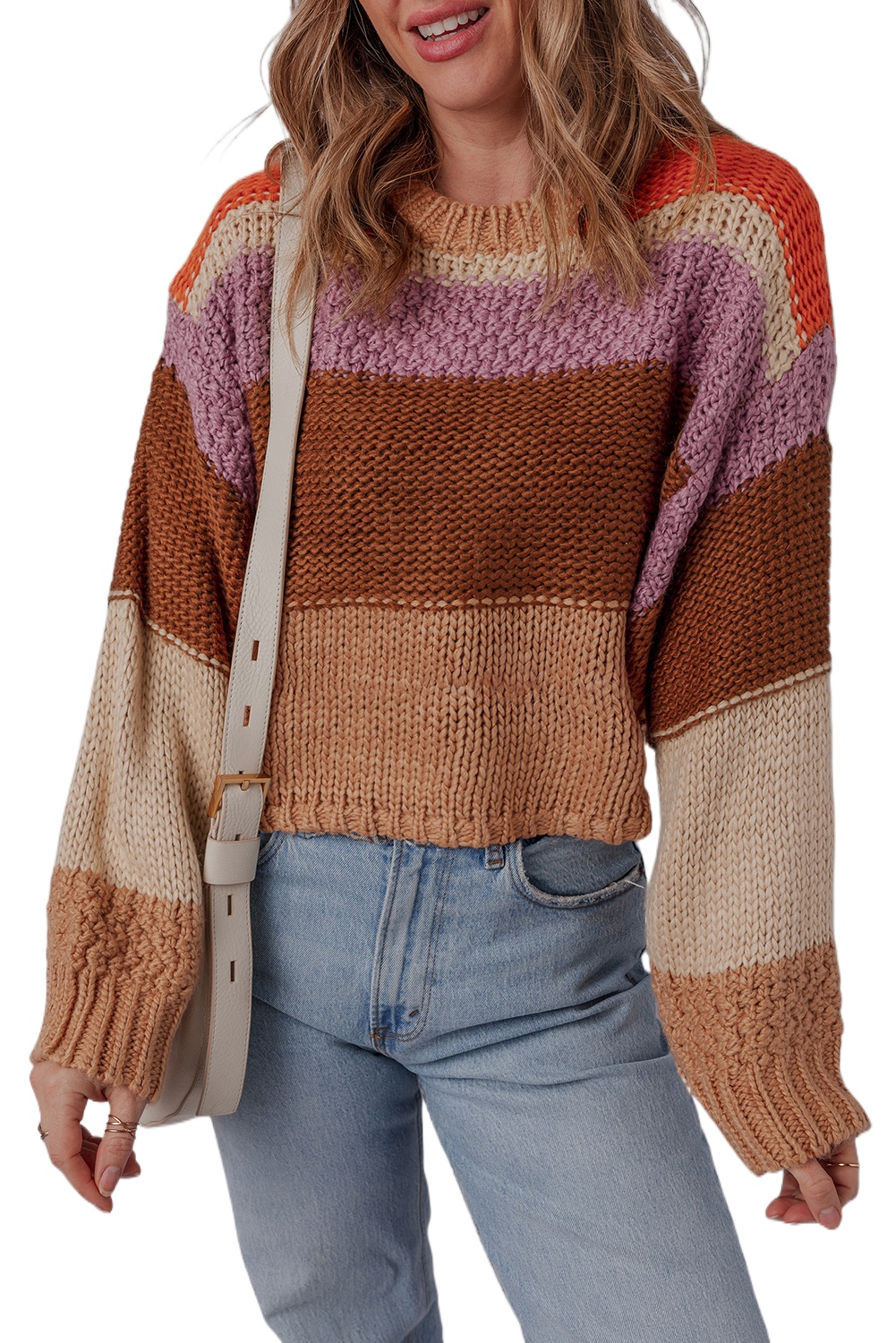 Women's Multicolour Cropped Colorblock Drop Shoulder Knitted Sweater for Casual Style - Main View